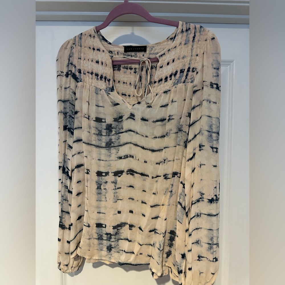 Anthropologie Cream and Blue Tie Die Blouse